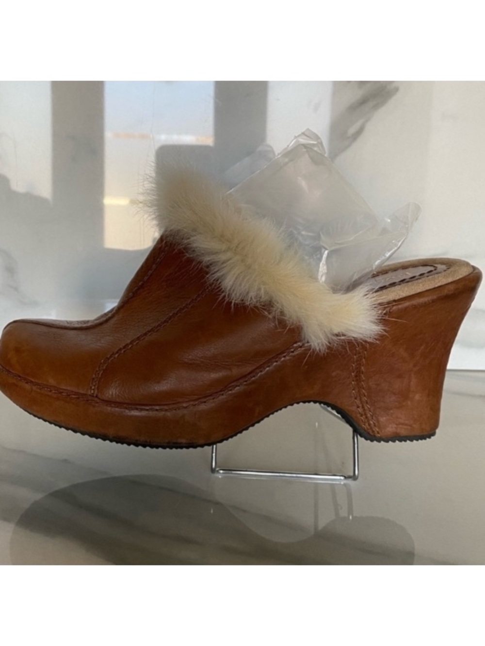 Enzo Angiolini vintage rare leather platform clogs rabbit fur trim 7 Fall Boho
